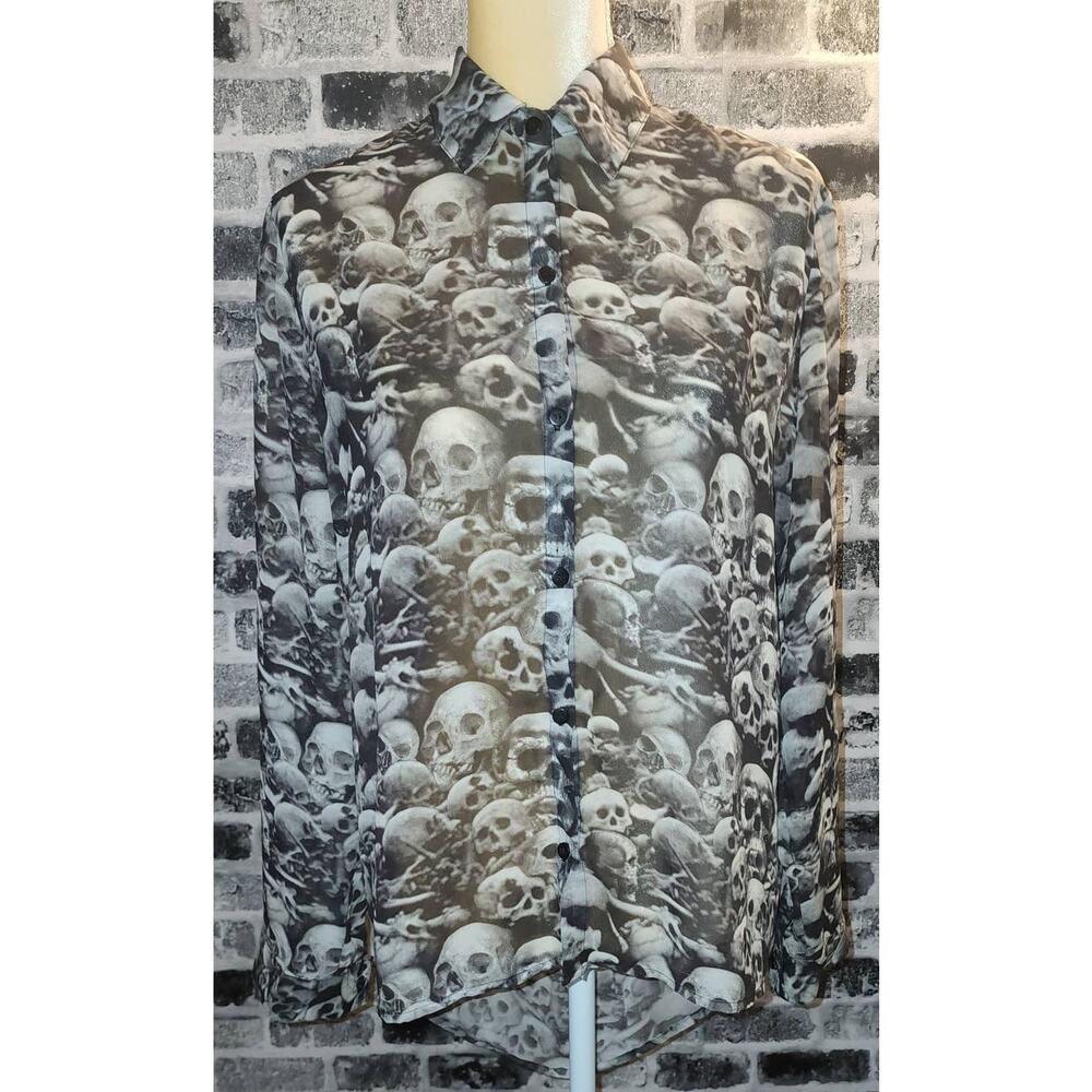 Teenage Runaway Women's Sheer Open button down back Skull long sleeve Shirt Med